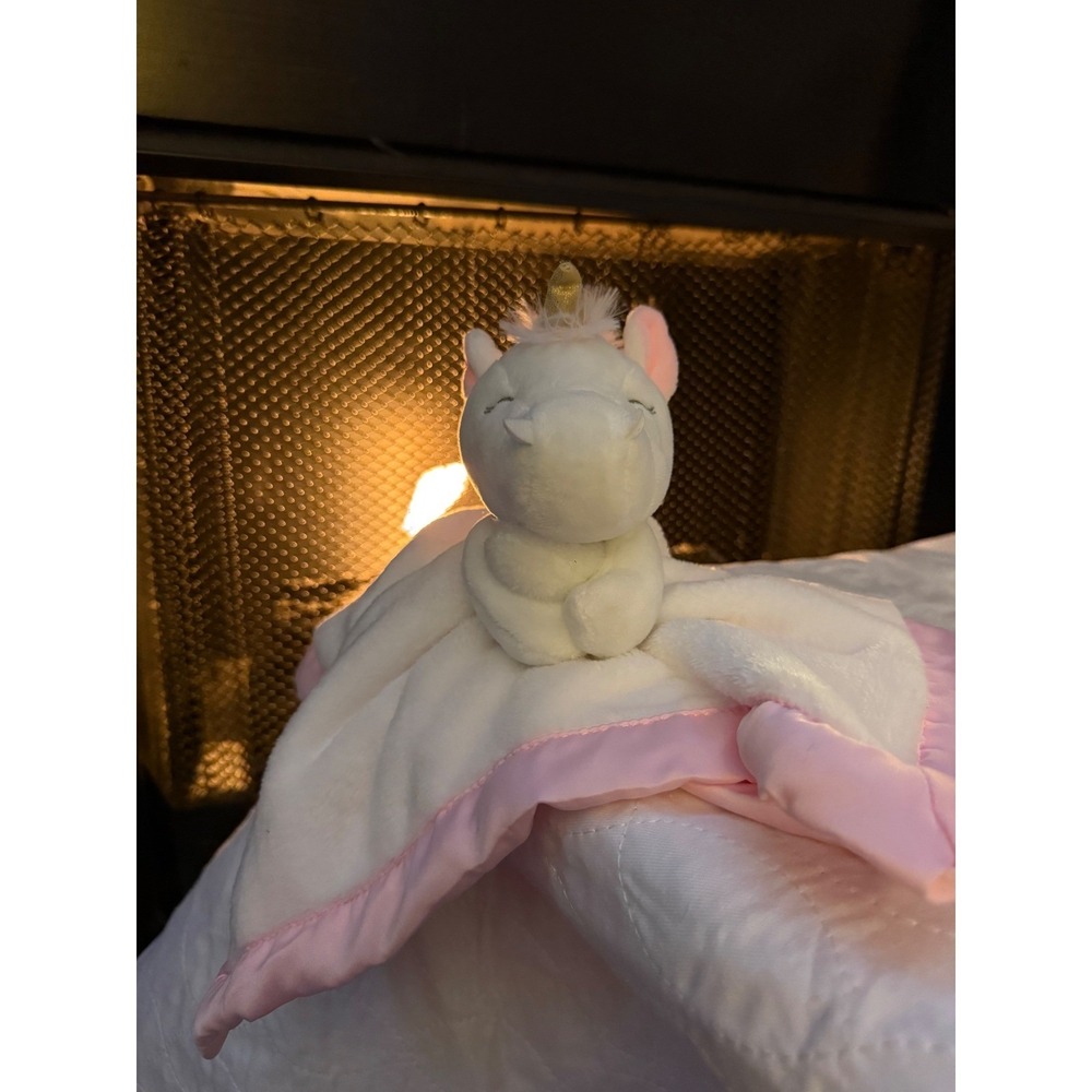 Carters Unicorn Security Blanket White Pink Satin Trim Plush Lovey‎ Gold Horn